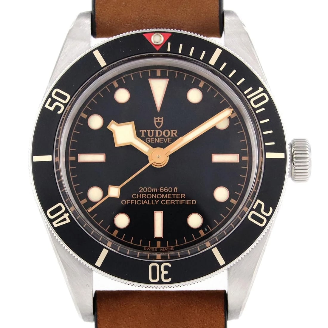 TUDOR BLACK STAINLESS STEEL MECHANICAL WATCH: Tudor Black Stainless Steel Mechanical Watch Brand: Tudor Type: Wrist watch Material: Case: Stainless Steel Bracelet: Strap Color: Dial Color: Black Band Color: Brown Size: Case diameter: Approx. 39mm