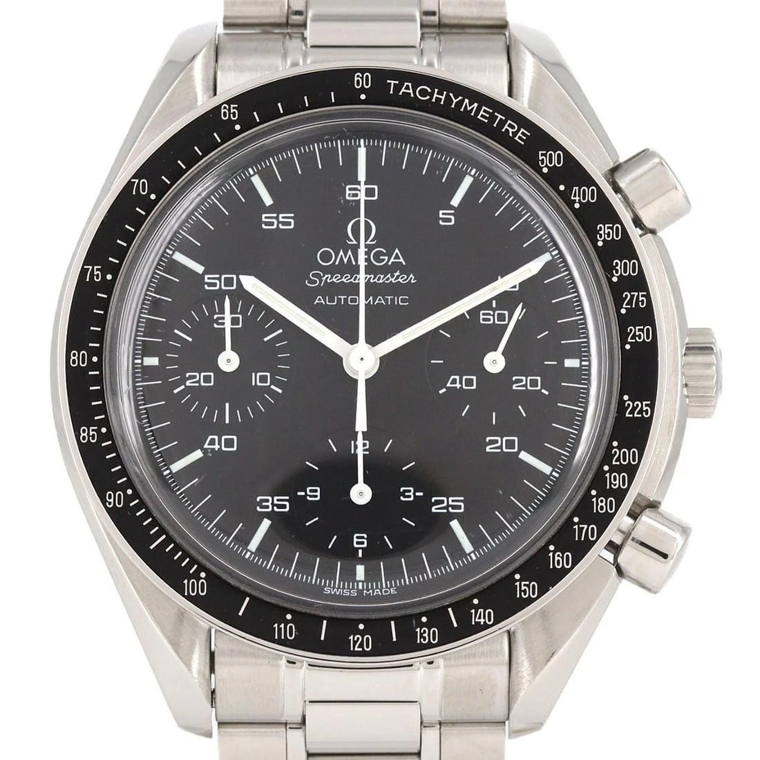 OMEGA SPEEDMASTER STAINLESS STEEL MECHANICAL AUTOMATIC WATCH: Omega Speedmaster Stainless Steel Mechanical Automatic Watch Brand: OMEGA Type: Wrist watch Material: Case: Stainless Steel Breath: Stainless Steel Color: Dial color black Size: Case diameter: