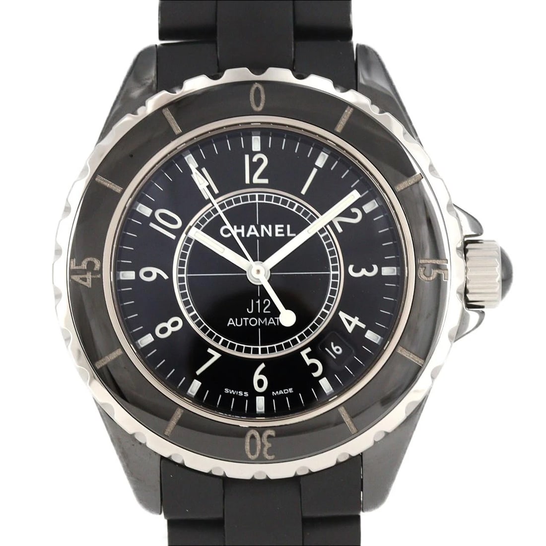 CHANEL J12 CERAMIC MECHANICAL WATCH: Chanel J12 Ceramic Mechanical Watch Brand: CHANEL Type: Wrist watch Material: Stainless Steel, Ceramic, Rubber Color: Dial color Band Color Black Dial Color Black Size: Lug Width 19 mm Case Size 38