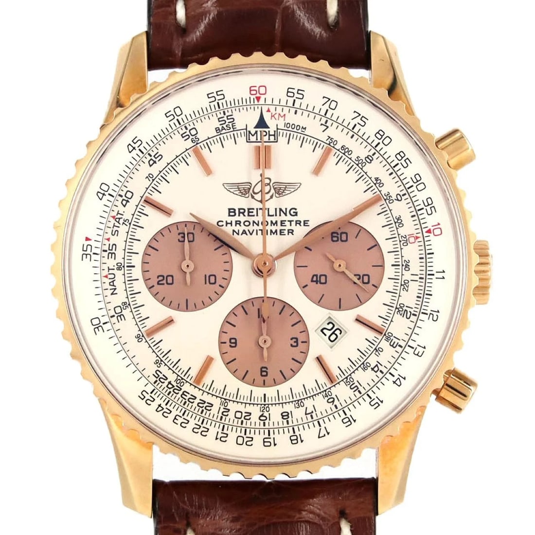 BREITLING NAVITIMER WATCH: Breitling Navitimer Watch Brand: BREITLING Type: Wrist watch Material: Case: Pink gold/rose gold Bracelet: Strap Color: Dial Color: SV/BR Band color: Brown Size: Case diameter: Approx. 38mm Access