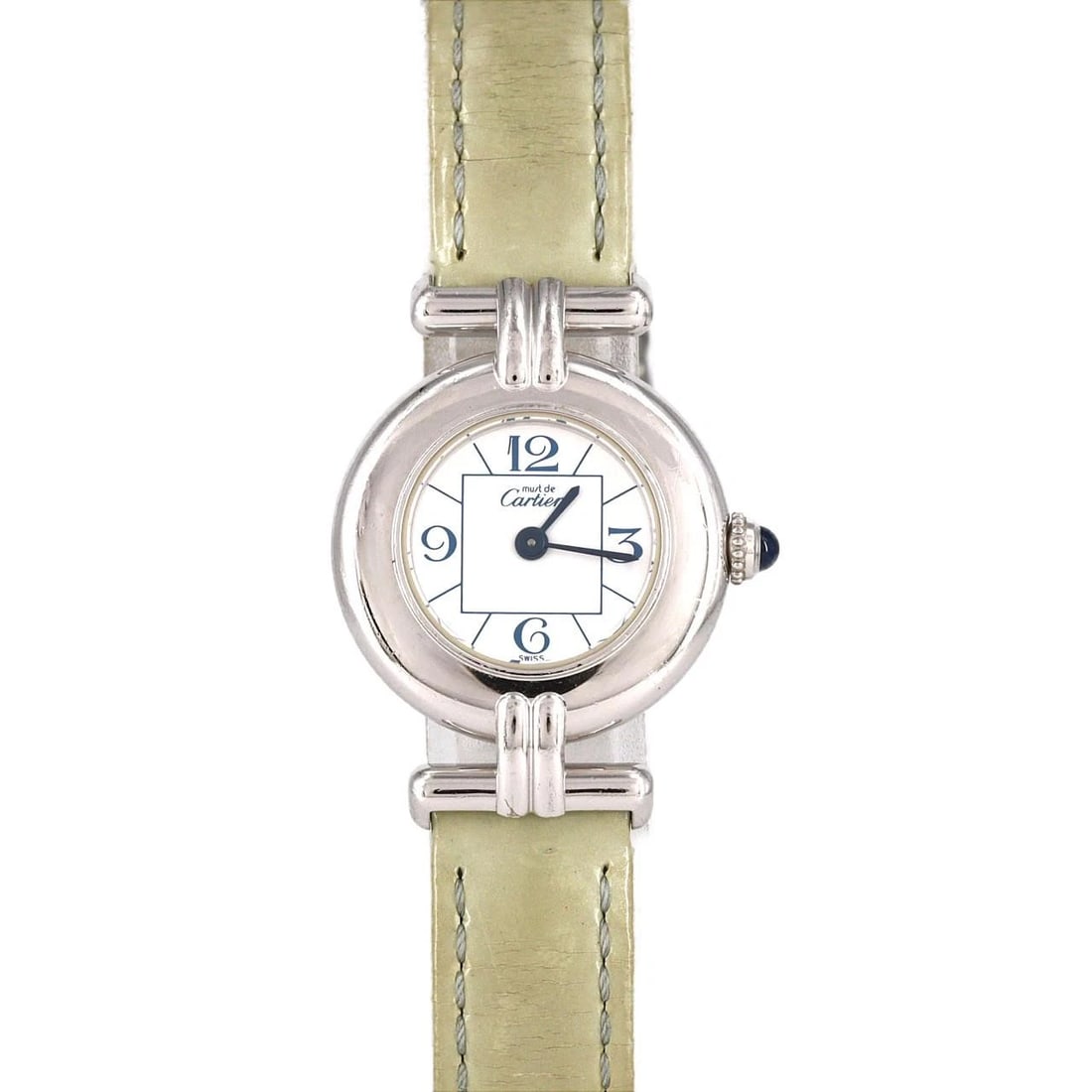 CARTIER MUST COLISEE WATCH: Cartier Must Colisee Watch Brand: CARTIER Type: Wrist watch Material: Case: Silver Bracelet: Strap Color: Dial Color: White Band Color: Green Size: Case diameter: Approx. 24mm Accessories: None