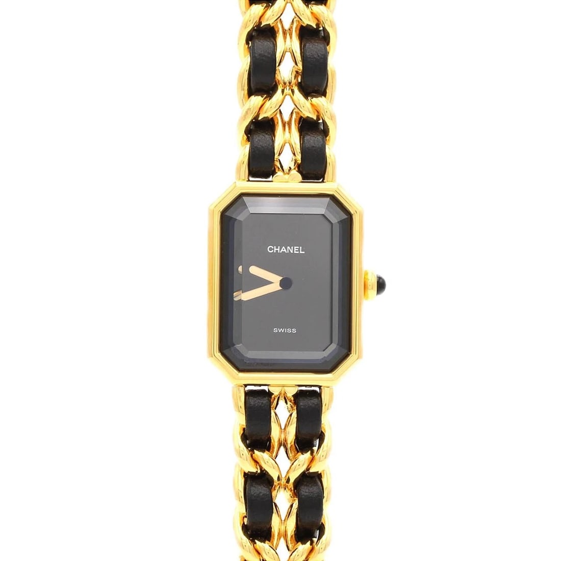 CHANEL PREMIERE GOLD PLATED QUARTZ WATCH: Chanel Premiere Gold Plated Quartz Watch Brand: CHANEL Type: Wrist watch Material: Case: Gold plated Bracelet: Gold plated x Strap Color: Dial Color: Black Band Color: Black Size: Case diameter: