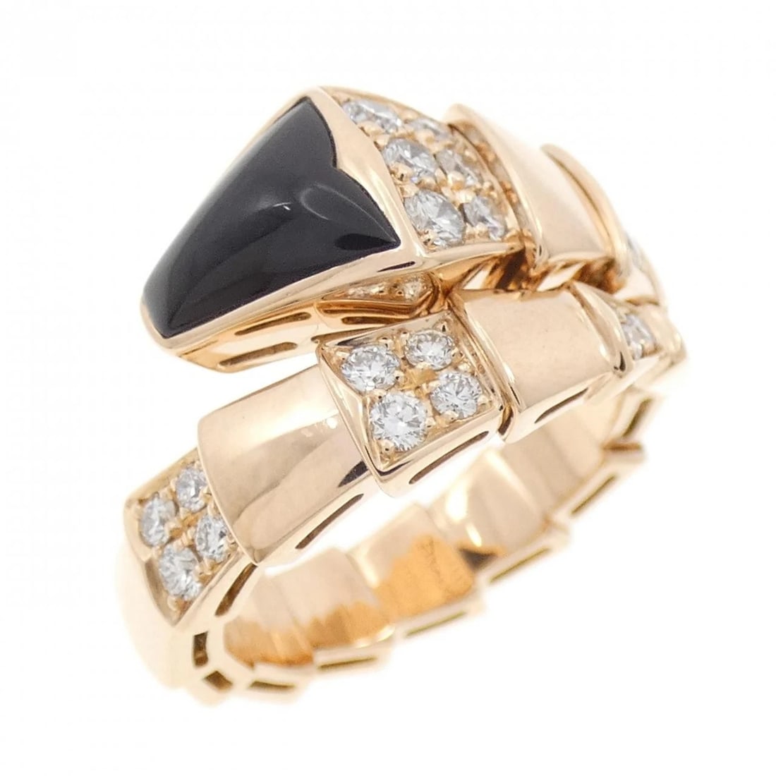 BVLGARI SERPENTI RING: Bvlgari Serpenti Ring Brand: BVLGARI Type: Bulgari Ring Material: 750 Pink Gold , Main Stone/Creation Onyx Secondary Stone diamond Color: Pink Gold Size: US6 1/2 Accessories: None Accessor