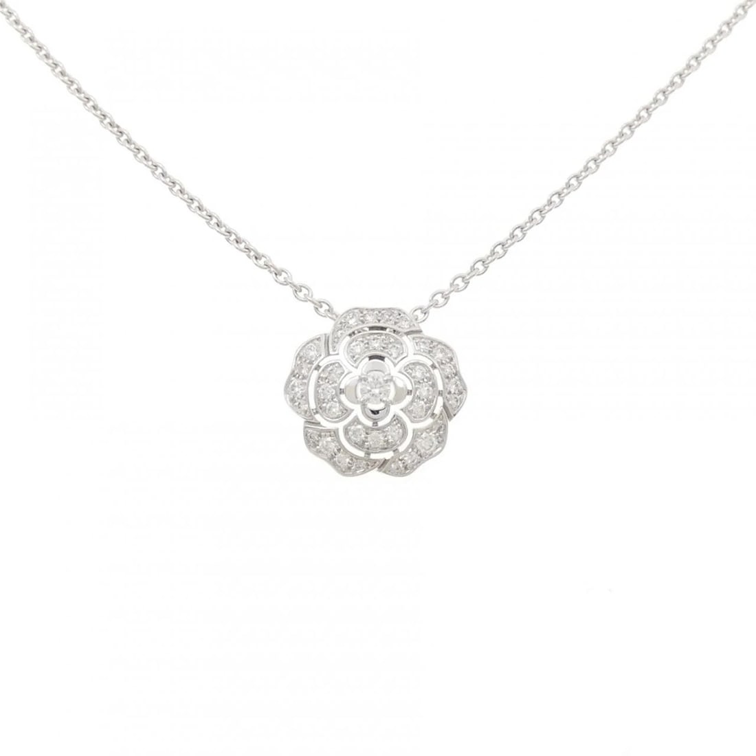CHANEL CAMELLIA NECKLACE: Chanel Camellia Necklace Brand: CHANEL Type: Chanel Necklace Material: 750 white gold, Main Stone/Creation natural Color: white gold Size: Actual Size Pendant length approx. x width approx.: 14.6mmx15
