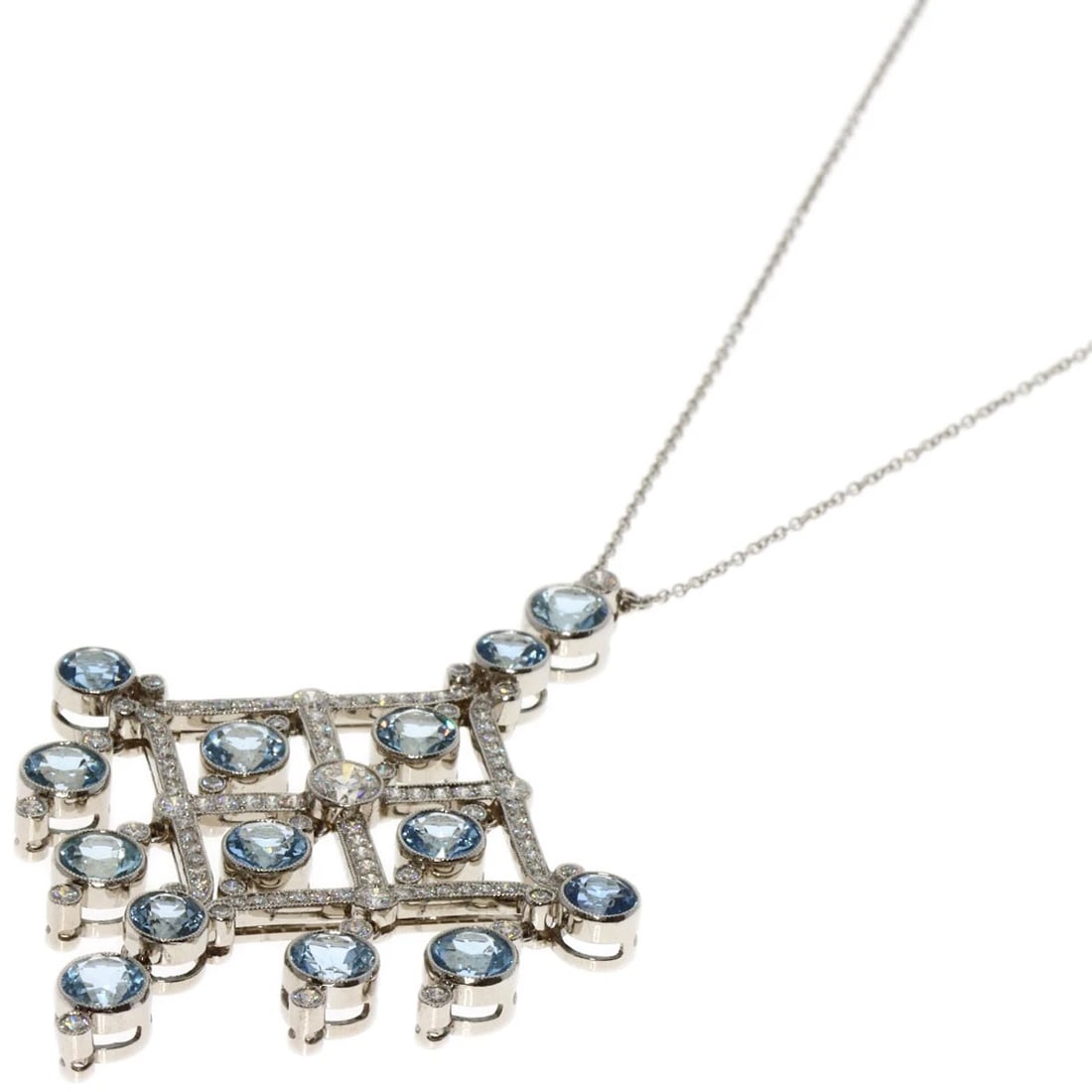 TIFFANY&CO. AQUAMARINE DIAMOND ART DECO NECKLACE: TIFFANY&Co. Aquamarine Diamond Art Deco Necklace Brand: TIFFANY&Co. Type: Necklace Material: Platinum PT950, Color: Exterior Color Silver Size: Chain Length:16.1inch/41cm Chain Width:0.4inch/0.9mm Top