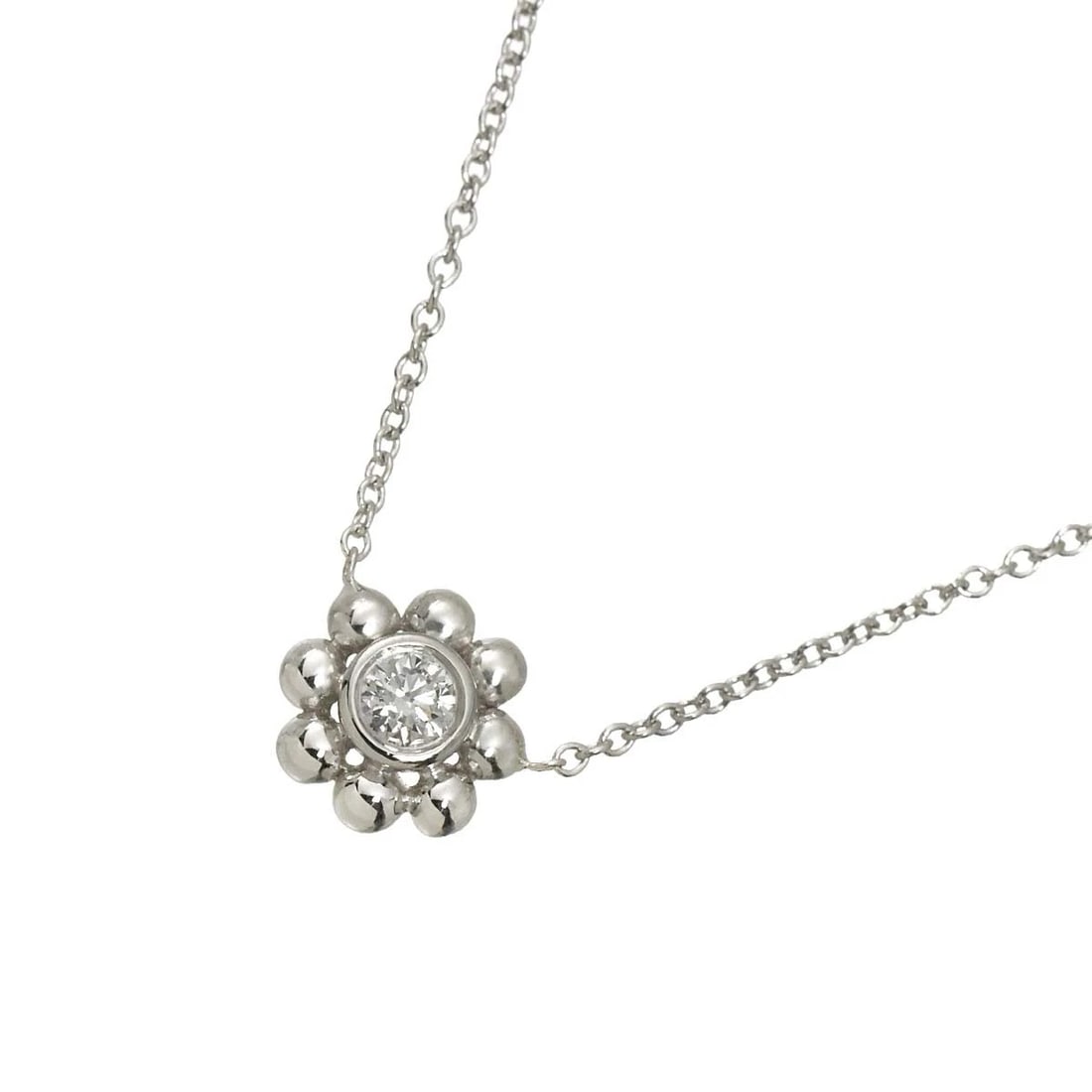TIFFANY CO. DIAMOND FLOWER NECKLACE 18K: TIFFANY Co. Diamond Flower Necklace 18K Brand: TIFFANY Co. Type: Necklace Material: 750 White Gold, Main Stone/Creation Natural Color: White Gold Size: internal circumference of the chain:15.7inch