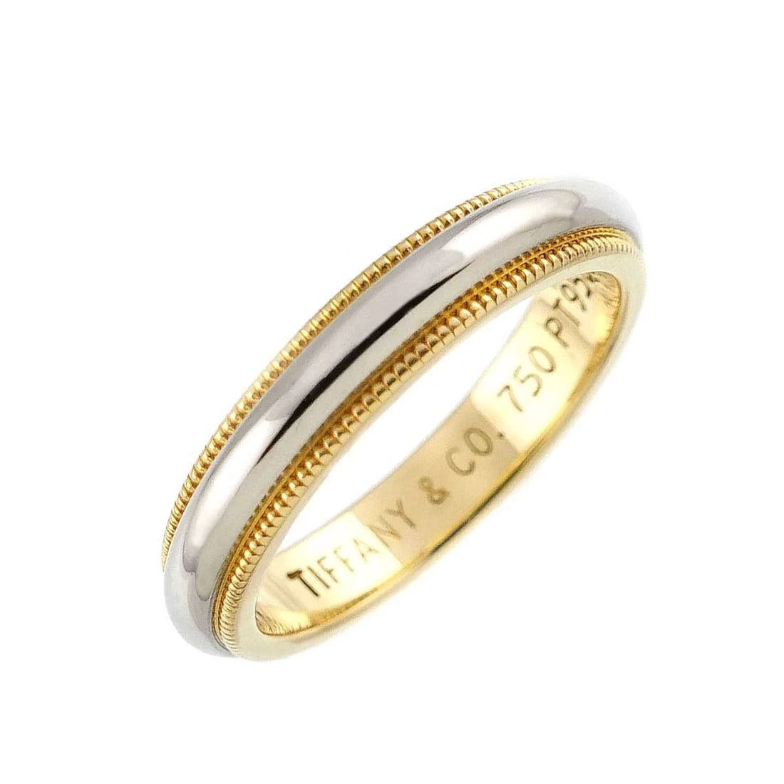 TIFFANY CO. MILGRAIN BAND RING 18K 750 YG PT PLATINUM: TIFFANY Co. Milgrain Band Ring 18K 750 YG Pt Platinum Brand: TIFFANY Co. Type: Ring Material: Platinum, Color: Gold Size: 4.75-5 (US) Accessories: None Accessories Notice: When purchasing
