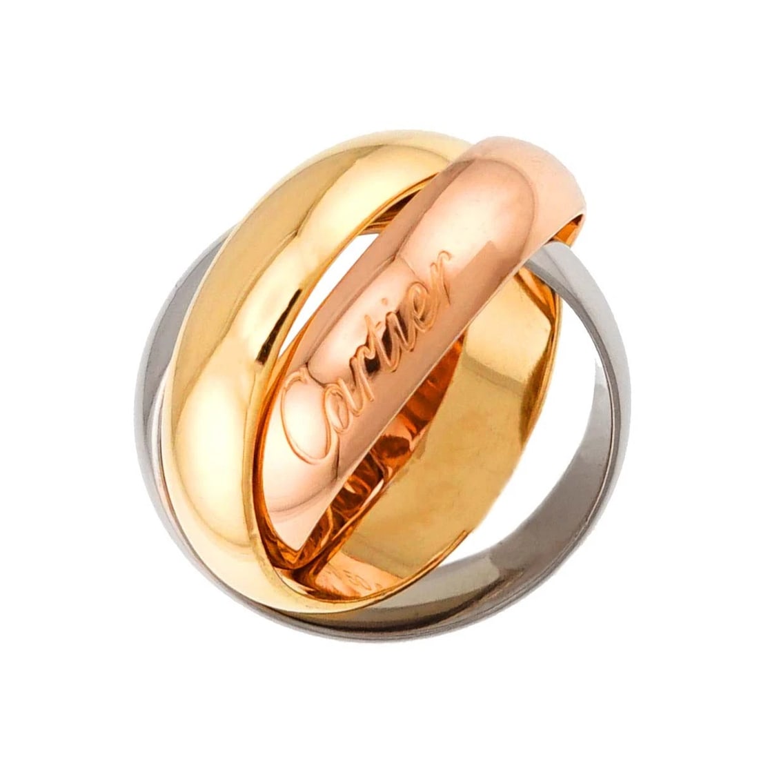 CARTIER TRINITY RING 18K YG WG PG: Cartier Trinity Ring 18K YG WG PG Brand: Cartier Type: Ring Material: 750 White,Yellow,Pink Gold, Color: Gold Size: 5.25 (US) Accessories: None Accessories Notice: When purchasing pre-owne