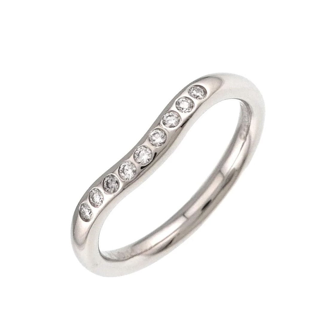 TIFFANY CO. CURVED BAND DIAMOND RING PLATINUM: TIFFANY Co. Curved Band Diamond Ring Platinum Brand: TIFFANY Co. Type: Ring Material: Platinum, Main Stone/Creation Natural Color: Platinum Size: :3.25-3.75 (US) Accessories: None Accessories Notice: