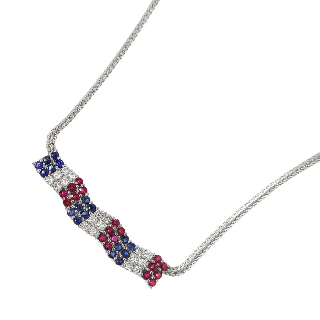 CHRISTIAN DIOR DIAMOND SAPPHIRE RUBY NECKLACE PT: Christian Dior Diamond Sapphire Ruby Necklace Pt Brand: Christian Dior Type: Necklace Material: Platinum, Main Stone/Creation Diamond SapphireRuby Color: Platinum Size: internal circumference of the