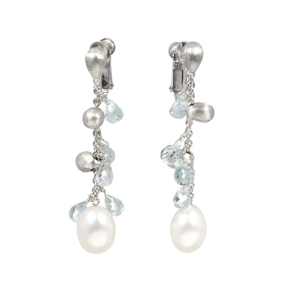 MARCO BICEGO FRESHWATER PEARL BLUE TOPAZ EARRINGS CLIP ON 18K WG: MARCO BICEGO Freshwater pearl Blue Topaz Earrings Clip on 18K WG Brand: MARCO BICEGO Type: Earrings Material: 750 White Gold, Main Stone/Creation Freshwater pearlBlue Topa Color: White Gold Size: W8.5