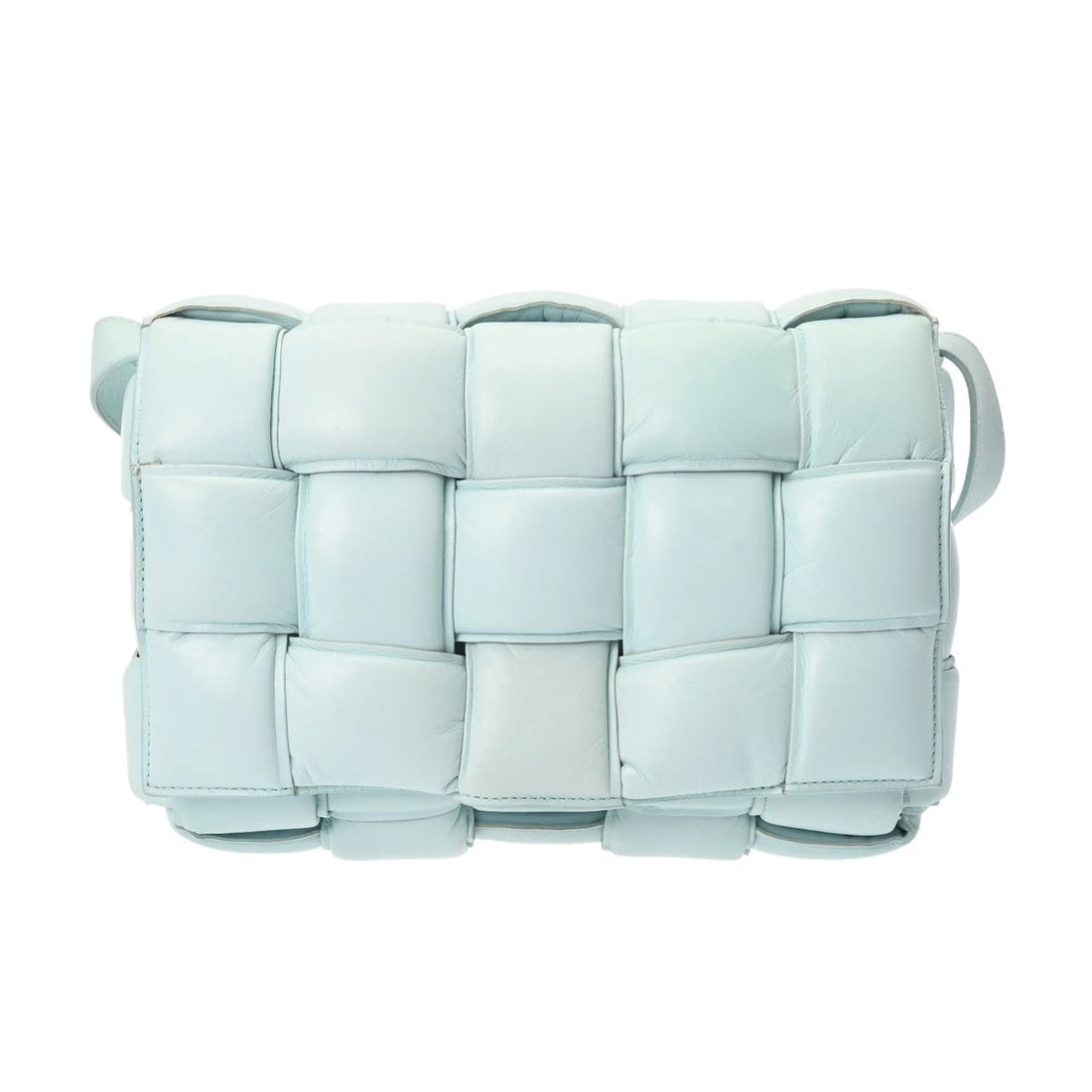 BOTTEGA VENETA PADDED CASSETTE MAXI INTRECCIATO LAMBSKIN: BOTTEGA VENETA Padded cassette MAXI INTRECCIATO lambskin Brand: BOTTEGA VENETA Type: Shoulder Bag Material: lambskin Color: Light blue Size: H:about 6.7inch W:about 5.9inch D:about 2.8inch
