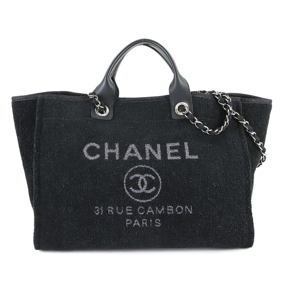 CHANEL DEAUVILLE GM TOTE CHAIN SHOULDER BAG: CHANEL Deauville GM Tote Chain Shoulder Bag Brand: CHANEL Type: Tote Bag / Shoulder Bag Material: Velour , Leather Color: Black Size: W 14.96 inch, H 11.02 inch, D 8.27 inch Accessories: None