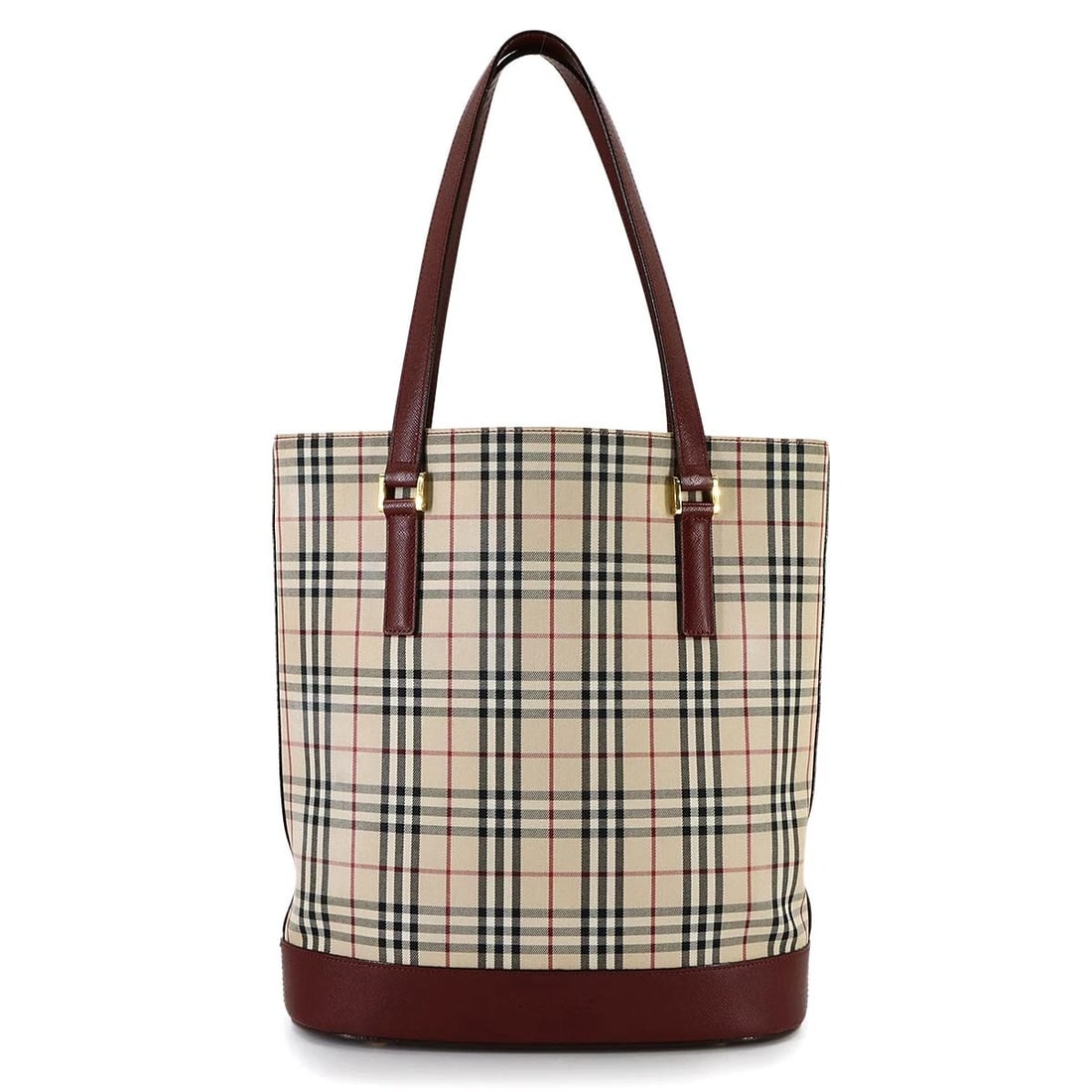BURBERRY PLAID TOTE BAG CANVAS LEATHER BEIGE: BURBERRY Plaid Tote Bag Canvas Leather Beige Brand: BURBERRY Type: Tote Bag Material: Canvas , Leather Color: Beige , Bordeaux Size: W 11.02 inch, H 12.40 inch, D 4.72 inch Accessories: None <