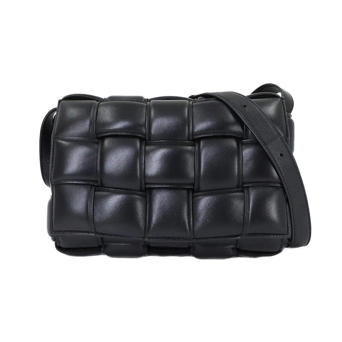 BOTTEGA VENETA INTRECCIATO PADDED CASSETTE SHOULDER BAG: BOTTEGA VENETA Intrecciato Padded Cassette Shoulder Bag Brand: BOTTEGA VENETA Type: Shoulder Bag Material: Leather Color: Black Size: W 9.84 inch, H 6.50 inch, D 2.76 inch Accessories: None