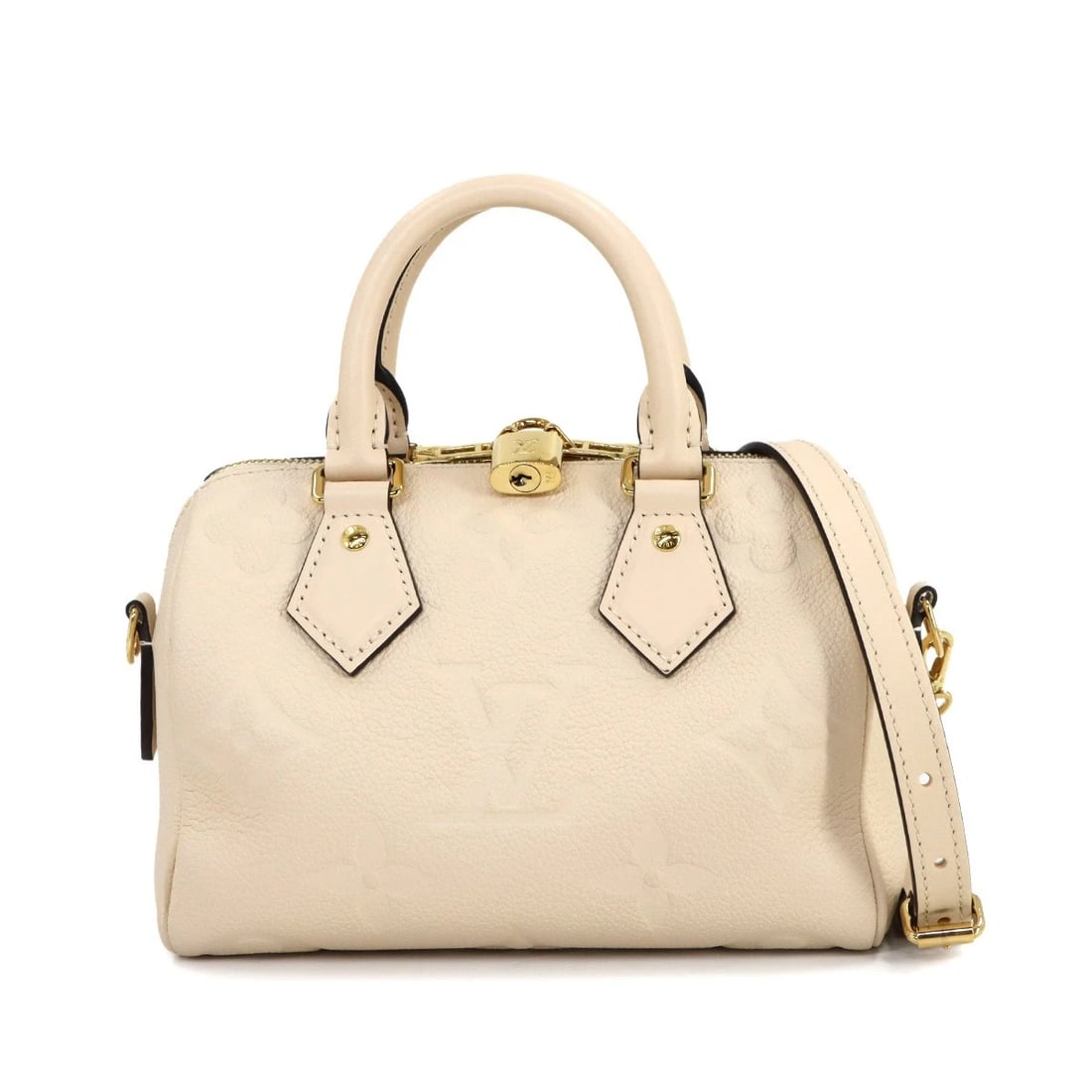 LOUIS VUITTON MONOGRAM EMPREINTE SPEEDY BANDOULIERE 20 2WAY BAG: LOUIS VUITTON Monogram Empreinte Speedy Bandouliere 20 2way Bag Brand: LOUIS VUITTON Type: Hand Bag / Shoulder Bag Material: Monogram Empreinte Leather Color: Creme Size: W 8.07 inch, H 5.91 inch, D 4