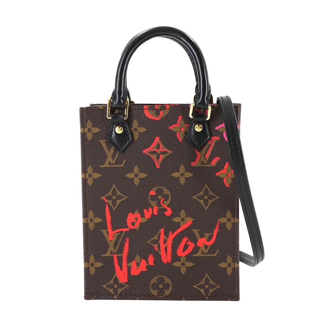 LOUIS VUITTON MONOGRAM PETIT SAC PLAT FALL IN LOVE 2WAY BAG: LOUIS VUITTON Monogram Petit Sac Plat Fall in Love 2way Bag Brand: LOUIS VUITTON Type: Hand Bag / Shoulder Bag Material: Monogram Canvas , Leather Color: Monogram , Black Size: W 5.31 inch, H 6.69 inc