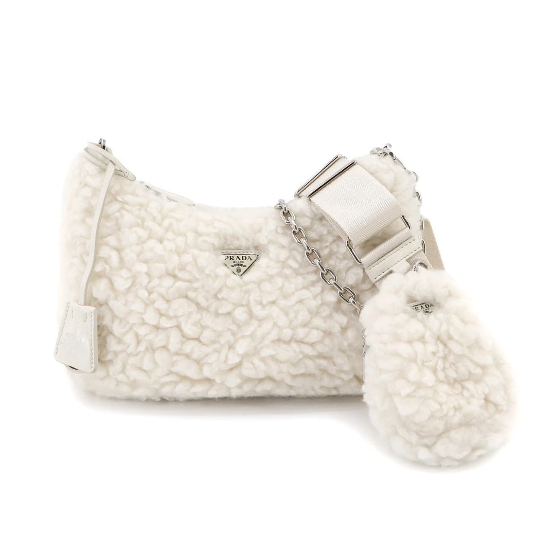 PRADA RE-EDITION 2005 SHOULDER BAG WHITE: PRADA Re-Edition 2005 Shoulder Bag White Brand: PRADA Type: Shoulder Bag Material: Wool , Silk , Cashmere Color: White Size: W 9.45 inch, H 6.30 inch, D 2.76 inch Accessories: None Accesso