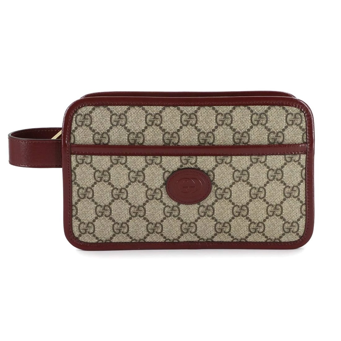 GUCCI INTERLOCKING G CLUTCH BAG GG SUPREME BEIGE: GUCCI Interlocking G Clutch Bag GG Supreme Beige Brand: GUCCI Type: Clutch Bag Material: GG Supreme Canvas , Leather Color: Beige , Bordeaux Size: W 8.66 inch, H 5.51 inch, D 1.97 inch Accessories
