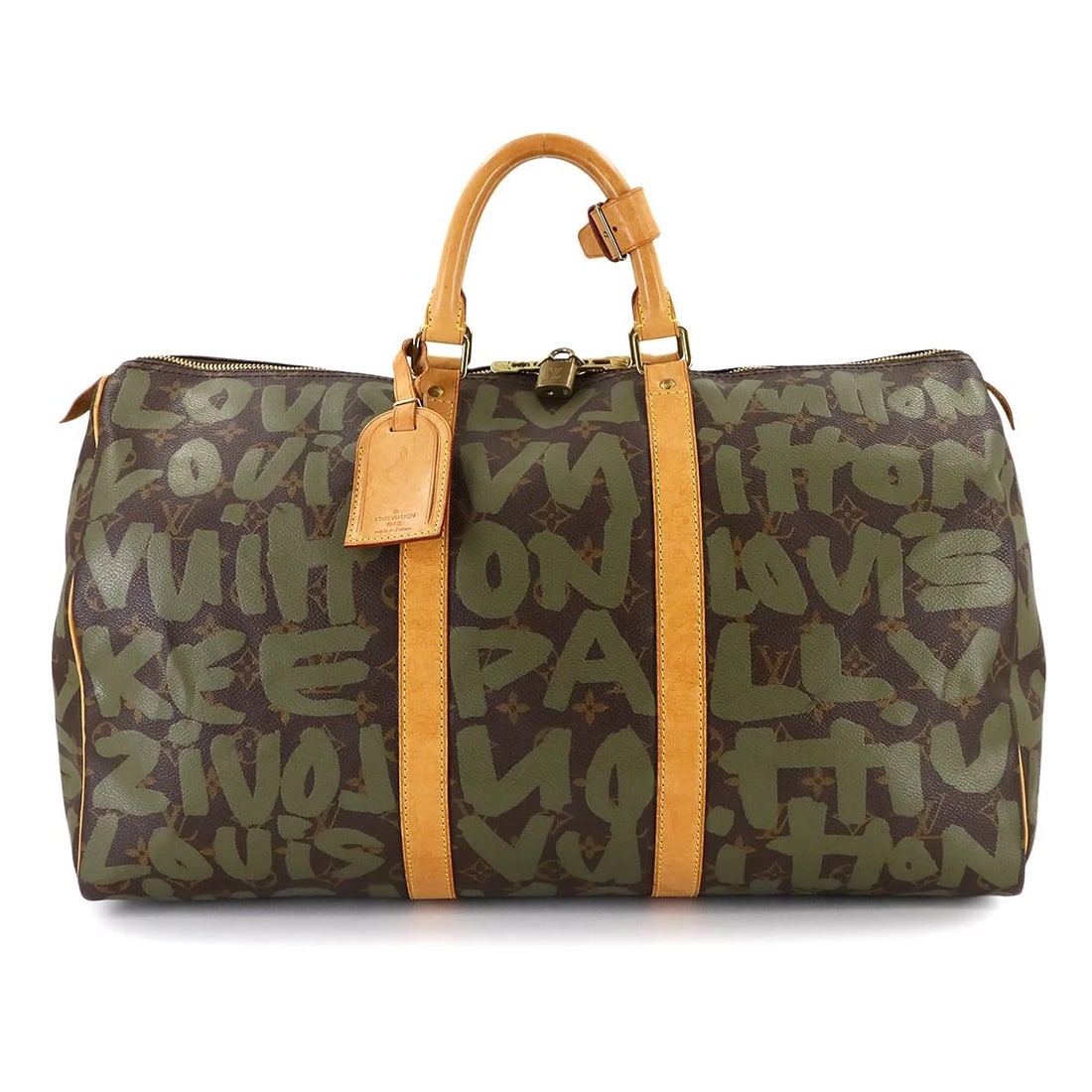 LOUIS VUITTON MONOGRAM GRAFFITI KEEPALL 50 LUGGAGE BAG: LOUIS VUITTON Monogram Graffiti Keepall 50 Luggage Bag Brand: LOUIS VUITTON Type: Luggage Material: Monogram Graffiti Canvas Color: Khaki , Monogram Size: W 20.08 inch, H 11.42 inch, D 8.46 inch