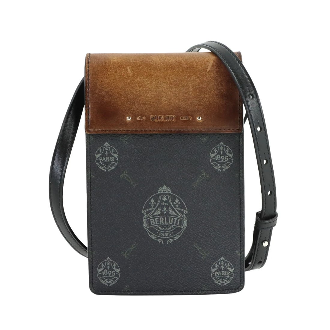 BERLUTI TRAVELER PHONE POUCH SHOULDER BAG: Berluti Traveler Phone Pouch Shoulder Bag Brand: Berluti Type: Shoulder Bag Material: PVC , Leather Color: Black , Brown Size: W 4.72 inch, H 7.28 inch, D 0.98 inch Accessories: None Acces
