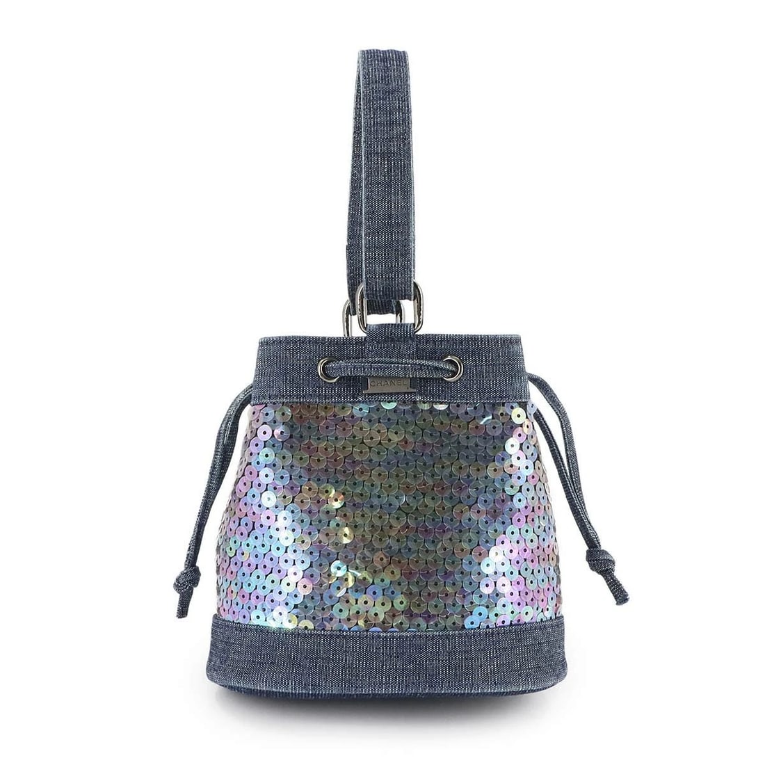 CHANEL MINI BUCKET HAND BAG DENIM SEQUINS PURSE: CHANEL Mini Bucket Hand Bag Denim Sequins Purse Brand: CHANEL Type: Hand Bag Material: Denim , Sequins Color: Blue Size: W 5.91 inch, H 5.71 inch, D 3.54 inch Accessories: None Accessories