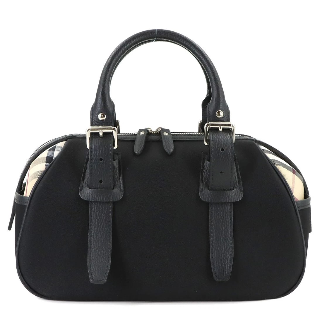 BURBERRY PLAID BOSTON HAND BAG CANVAS: BURBERRY Plaid Boston Hand Bag Canvas Brand: BURBERRY Type: Hand Bag Material: Canvas , Leather Color: Black , Beige Size: W 12.40 inch, H 7.87 inch, D 6.30 inch Accessories: None Accessor
