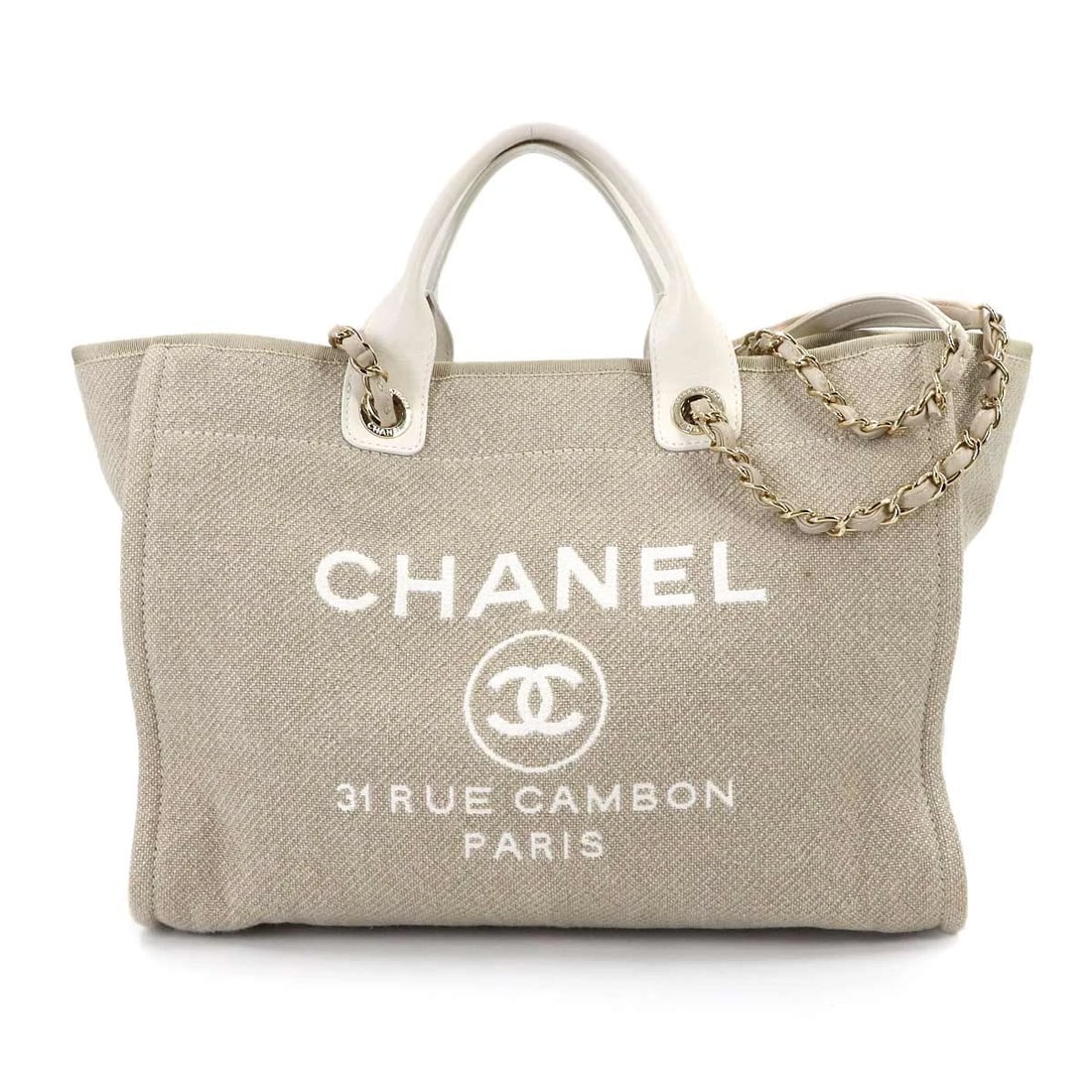 CHANEL DEAUVILLE GM 2WAY TOTE SHOULDER BAG: CHANEL Deauville GM 2way Tote Shoulder Bag Brand: CHANEL Type: Tote Bag / Shoulder Bag Material: Canvas , Leather Color: Beige , White Size: W 14.96 inch, H 11.81 inch, D 7.68 inch Accessories: None