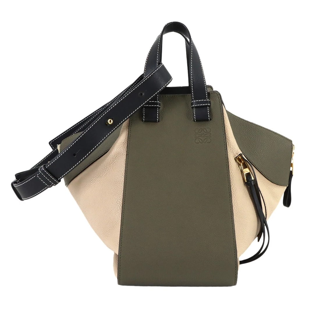 LOEWE HAMMOCK MEDIUM 2WAY HAND SHOULDER BAG: LOEWE Hammock Medium 2way Hand Shoulder Bag Brand: LOEWE Type: Hand Bag / Shoulder Bag Material: Leather Color: Khaki , Beige , Black Size: W 5.91 inch, H 9.84 inch, D 12.99 inch Accessories: None
