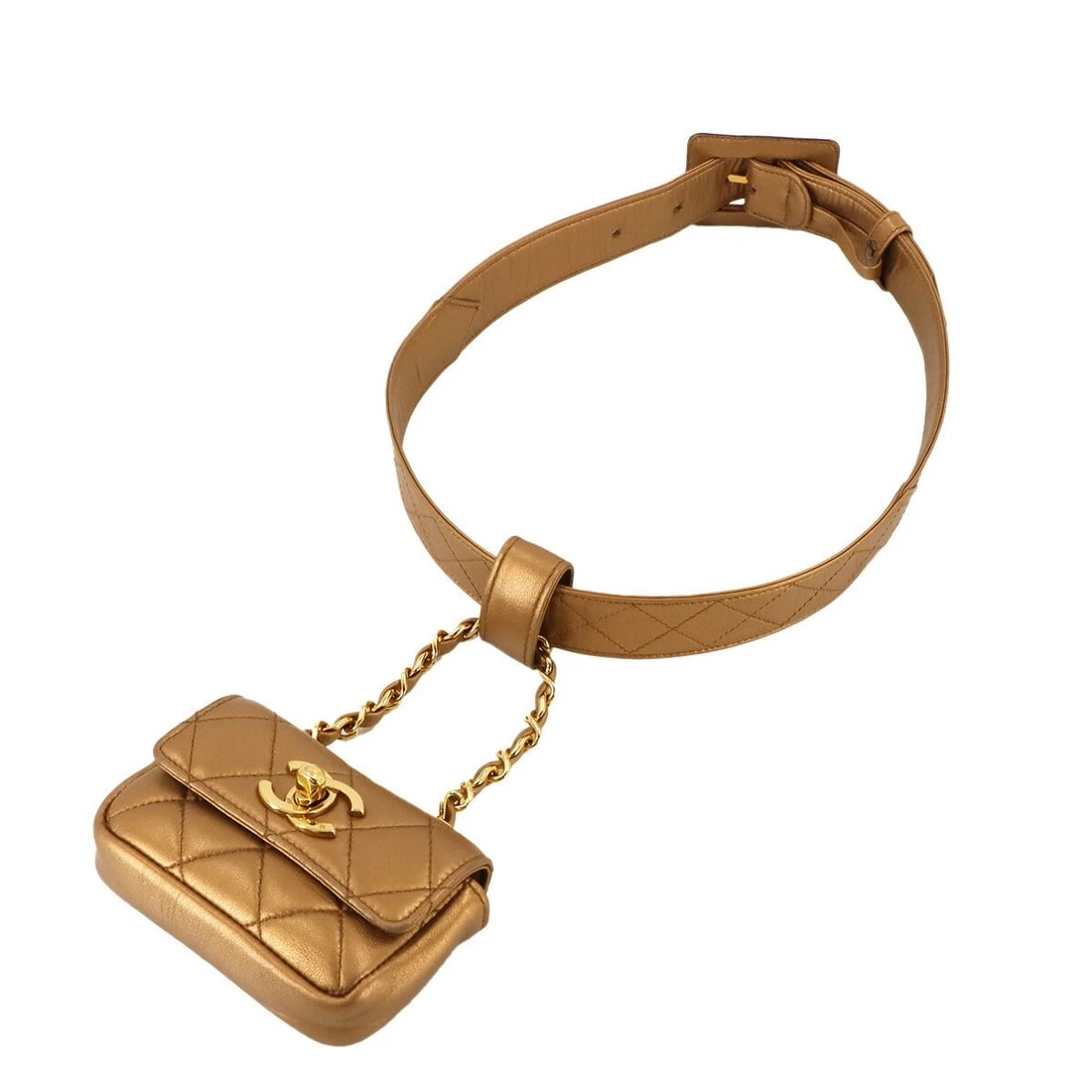 CHANEL MATELASSE BELT BAG WAIST POUCH: CHANEL Matelasse Belt Bag Waist Pouch Brand: CHANEL Type: Belt Bag Material: Leather Color: Metallic Brown Size: W 3.94 inch, H 2.56 inch, D 0.79 inch Accessories: None Accessories Notice: