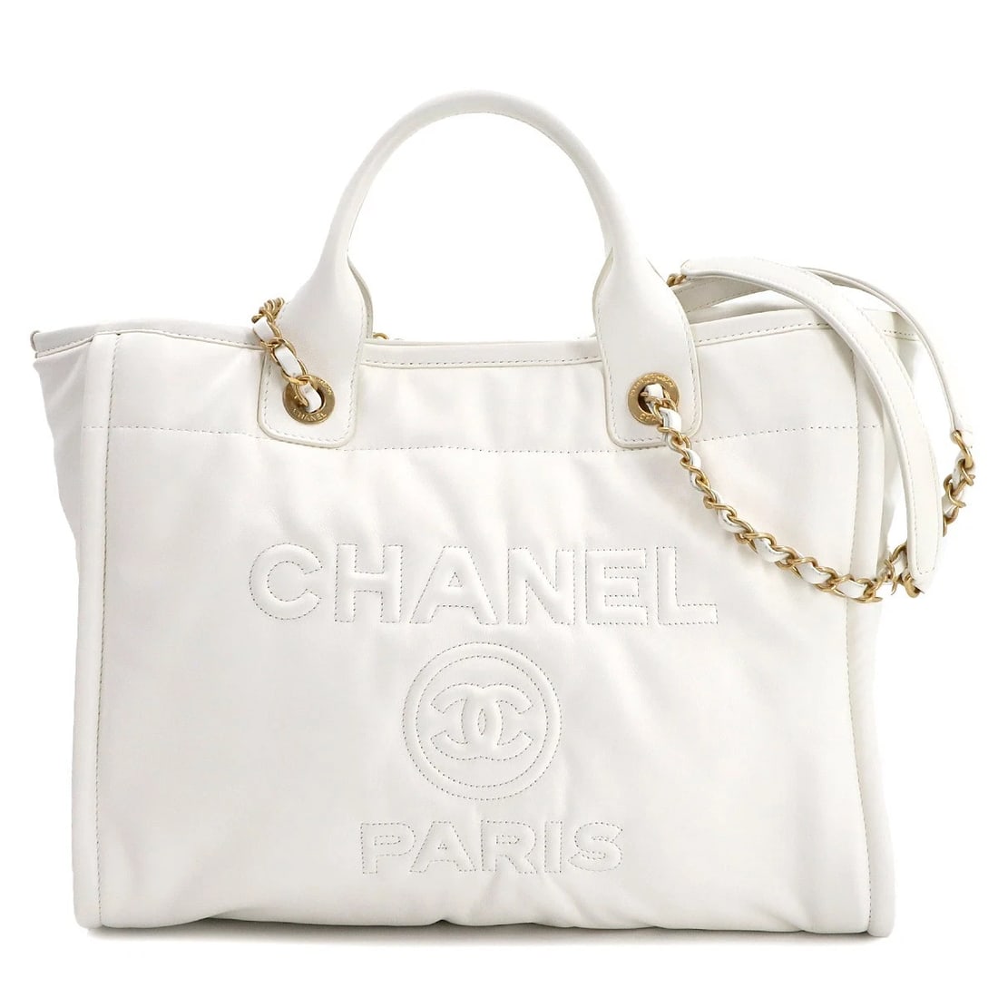 CHANEL DEAUVILLE TOTE CHAIN SHOULDER BAG LEATHER: CHANEL Deauville Tote Chain Shoulder Bag Leather Brand: CHANEL Type: Tote Bag / Shoulder Bag Material: Leather Color: White Size: W 13.58 inch, H 10.63 inch, D 5.91 inch Accessories: None