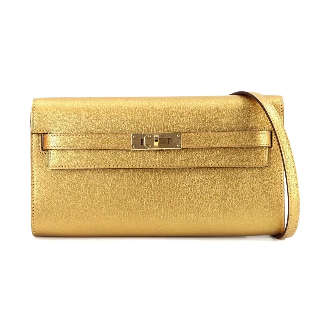 HERMES KELLY TO GO SHOULDER WALLET CHEVRE CHAMKILA PURSE: HERMES Kelly To Go Shoulder Wallet Chevre Chamkila Purse Brand: HERMES Type: Long Wallet Material: Chevre Chamkila Color: Dore Size: W 8.07 inch, H 4.53 inch, D 1.18 inch Accessories: None