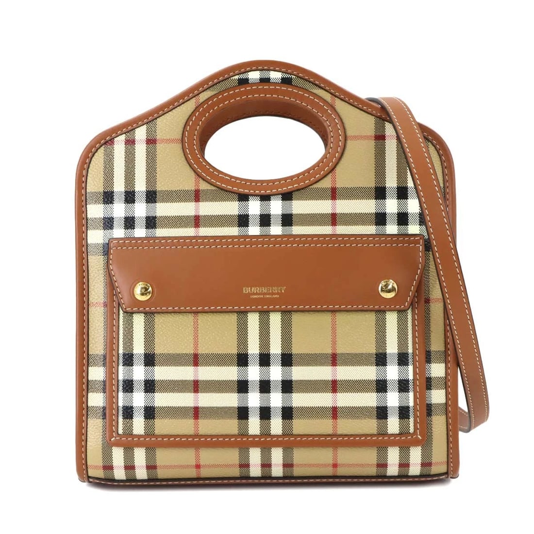 BURBERRY MINI POCKET HAND SHOULDER BAG: BURBERRY Mini Pocket Hand Shoulder Bag Brand: BURBERRY Type: Hand Bag / Shoulder Bag Material: PVC , Leather Color: Beige , Brown Size: W 9.25 inch, H 8.86 inch, D 2.36 inch Accessories: None