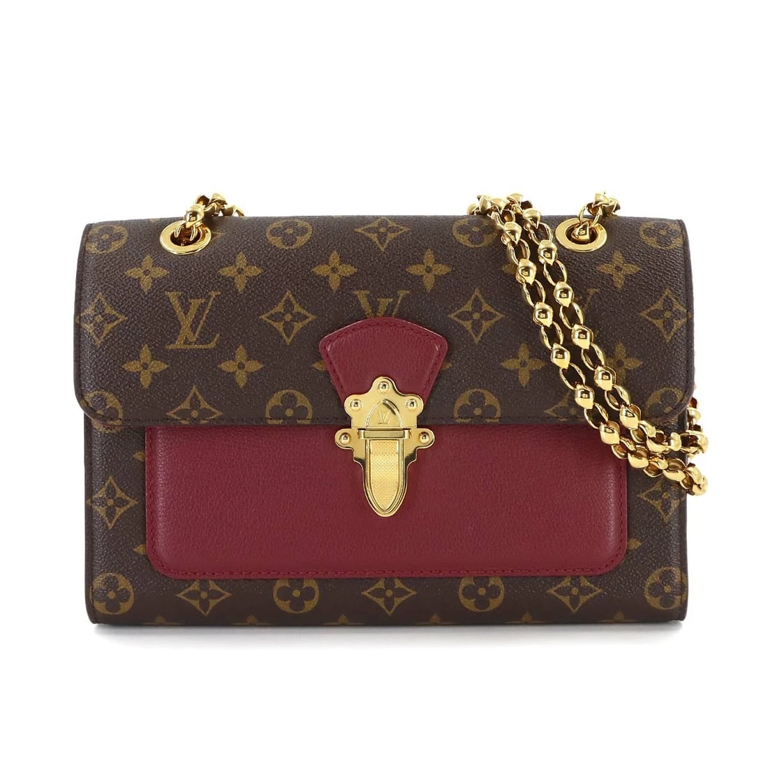 LOUIS VUITTON MONOGRAM VICTOIRE SHOULDER BAG: LOUIS VUITTON Monogram Victoire Shoulder Bag Brand: LOUIS VUITTON Type: Shoulder Bag Material: Monogram Canvas , Leather Color: Monogram , Bordeaux Size: W 10.24 inch, H 6.89 inch, D 3.54 inch Acc