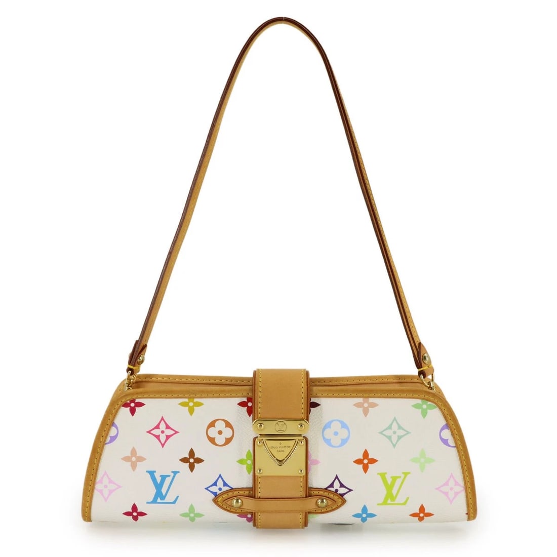 LOUIS VUITTON MONOGRAM MULTICOLOR SHOULDER CLUTCH BAG: LOUIS VUITTON Monogram Multicolor Shoulder Clutch Bag Brand: LOUIS VUITTON Type: Shoulder Bag / Clutch Bag Material: Monogram Multicolor Canvas Color: Blanc Size: W 11.02 inch, H 4.33 inch, D 1.57
