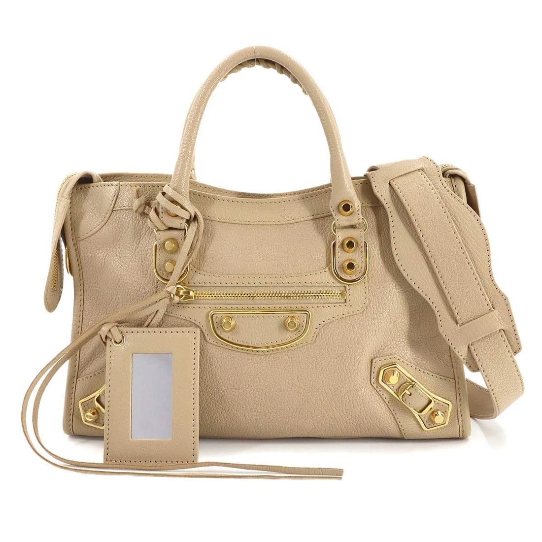 BALENCIAGA METALLIC EDGE CITY HAND SHOULDER BAG: BALENCIAGA Metallic Edge City Hand Shoulder Bag Brand: BALENCIAGA Type: Hand Bag / Shoulder Bag Material: Leather Color: Beige Size: W 11.61 inch, H 6.69 inch, D 3.94 inch Accessories: None