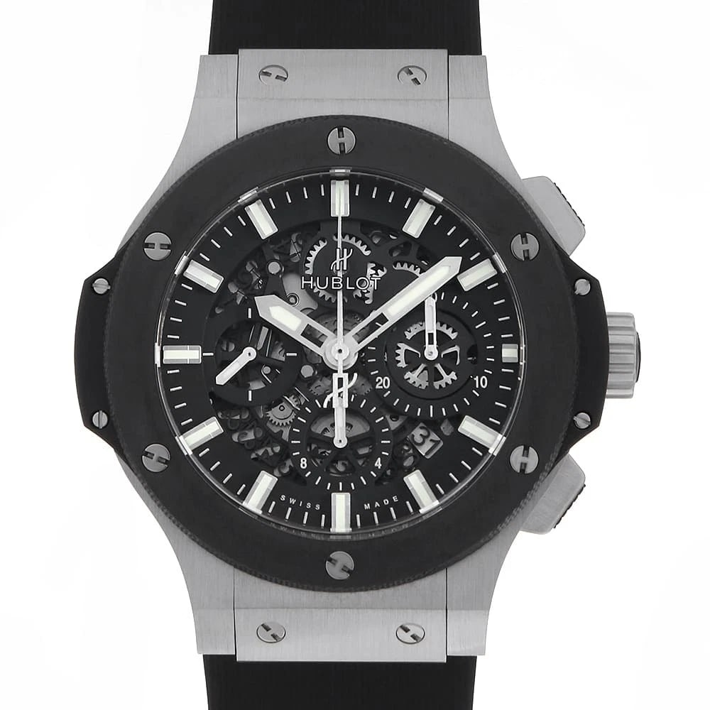 HUBLOT BIG BANG AEROBAN WATCH: HUBLOT Big Bang Aeroban Watch Brand: HUBLOT Type: Wrist watch Material: Band Material rubber, Case Material Stainless Steel/ceramic Color: Dial Colour Black Size: Case:W44mm Accessories: None