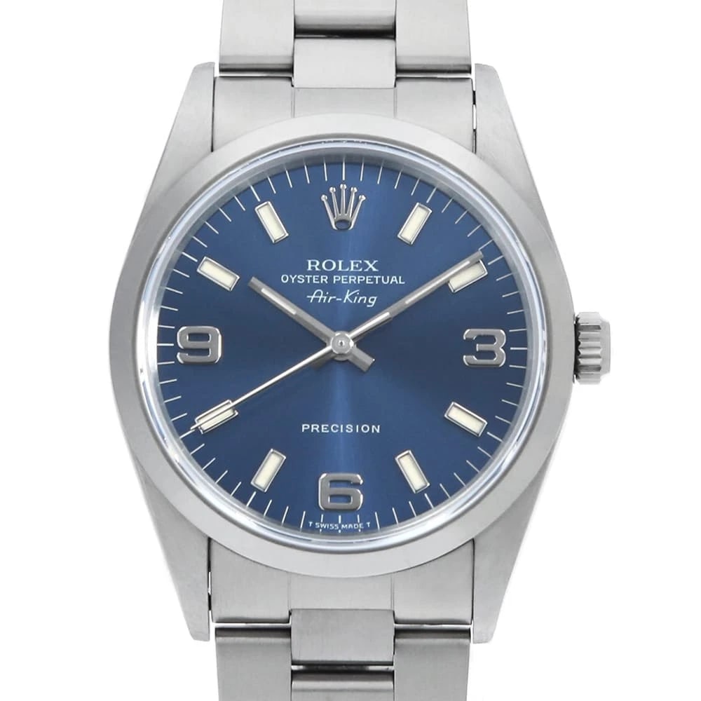 ROLEX AIR KING BLUE WHITE BAR WATCH: ROLEX Air king blue white bar Watch Brand: ROLEX Type: Wrist watch Material: Band Material Stainless Steel, Case Material Stainless Steel Color: Dial Colour Blue Size: Case:W34mm Circumference of Wris