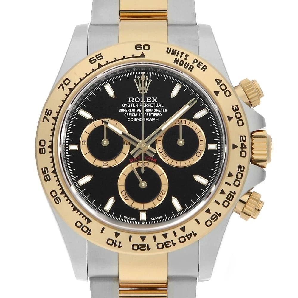 ROLEX COSMOGRAPH DAYTONA BLACK WATCH: ROLEX Cosmograph Daytona black Watch Brand: ROLEX Type: Wrist watch Material: Band Material Stainless Steel/Yellow Gold, Case Material Stainless Steel/Yellow Gold Color: Dial Colour Black Size: Case:W