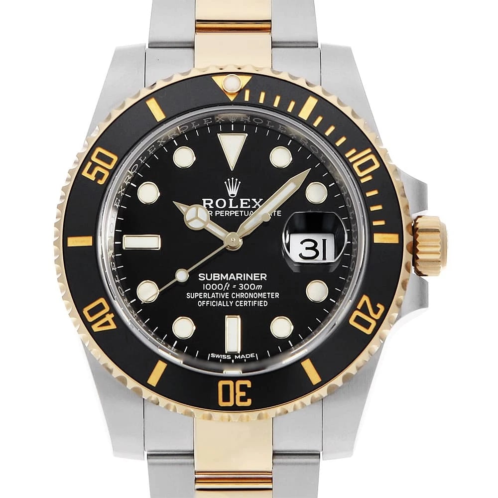 ROLEX SUBMARINER DATE BLACK WATCH: ROLEX SUBMARINER Date black Watch Brand: ROLEX Type: Wrist watch Material: Band Material Stainless Steel/Yellow Gold, Case Material Stainless Steel/Yellow Gold Color: Dial Colour Black Size: Case:W40m