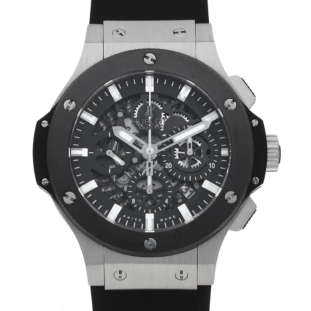 HUBLOT BIG BANG AERO STEEL CERAMIC WATCH: HUBLOT Big bang aero steel ceramic Watch Brand: HUBLOT Type: Wrist watch Material: Band Material rubber, Case Material Stainless Steel Color: Dial Colour Skeleton Size: Case:W44mm Accessories: Non