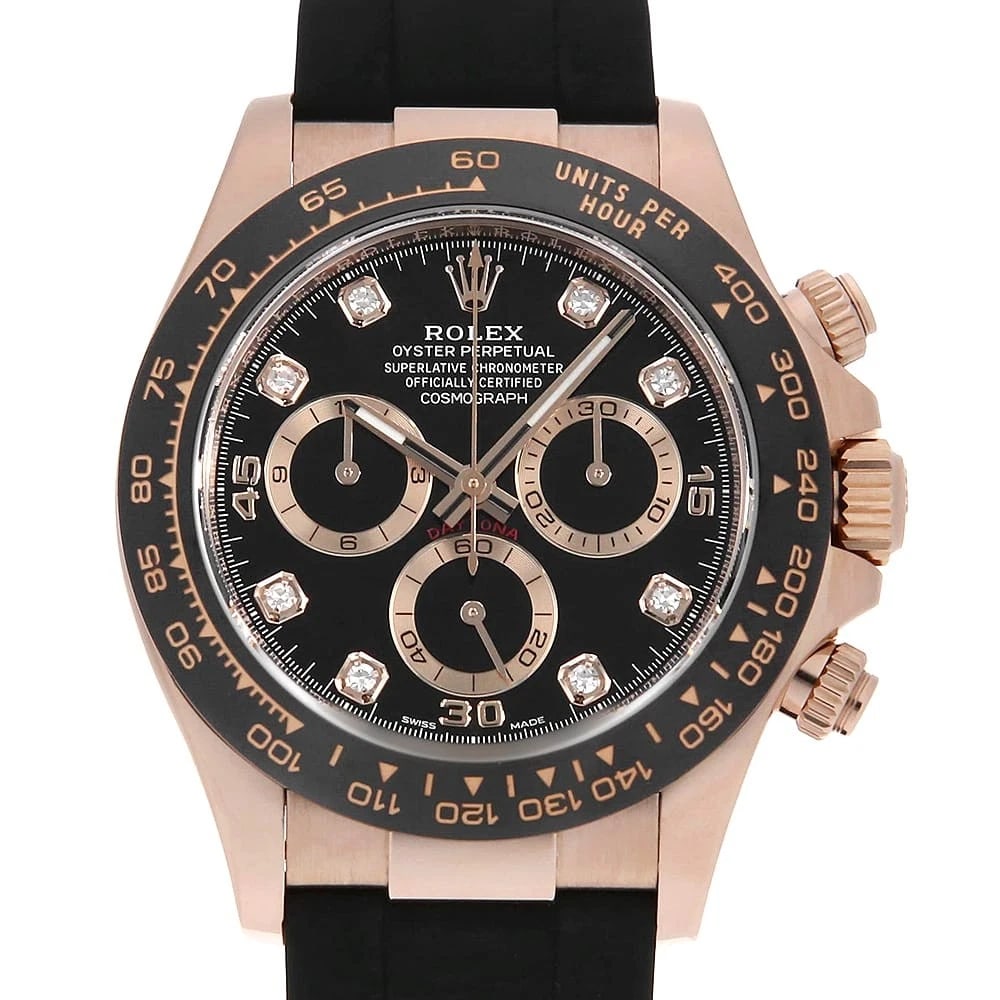 ROLEX COSMOGRAPH DAYTONA DIAMOND BLACK WATCH: ROLEX Cosmograph Daytona diamond black Watch Brand: ROLEX Type: Wrist watch Material: Band Material rubber, Case Material Everose Gold Color: Dial Colour Black Size: Case:W40mm Circumference of Wrist:
