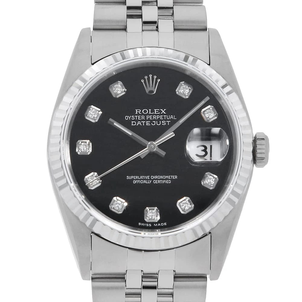 ROLEX DATEJUST DIAMOND BLACK WATCH: ROLEX Datejust Diamond black Watch Brand: ROLEX Type: Wrist watch Material: Band Material Stainless Steel, Case Material Stainless Steel/White gold Color: Dial Colour Black Size: Case:W36mm Circumfere