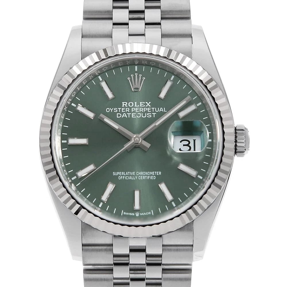 ROLEX DATEJUST MINT GREEN ROWS JUBILEE BRACELET WATCH: ROLEX DATEJUST Mint green Rows Jubilee Bracelet Watch Brand: ROLEX Type: Wrist watch Material: Band Material Stainless Steel, Case Material Stainless Steel/White gold Color: Dial Colour Mint Green Siz