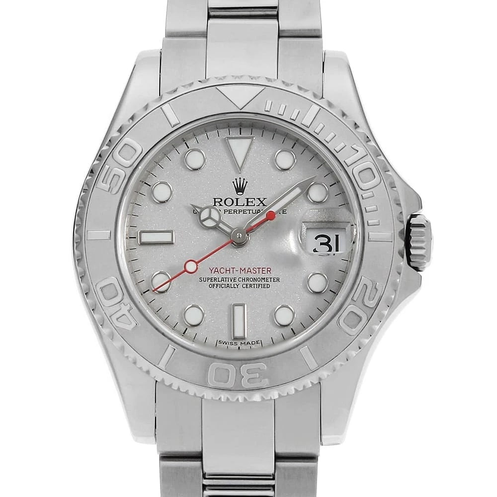 ROLEX YACHT MASTER SILVER WATCH: ROLEX Yacht master Silver Watch Brand: ROLEX Type: Wrist watch Material: Band Material Stainless Steel, Case Material Stainless Steel/Platinum Color: Dial Colour Silver Size: Case:W34mm Circumference