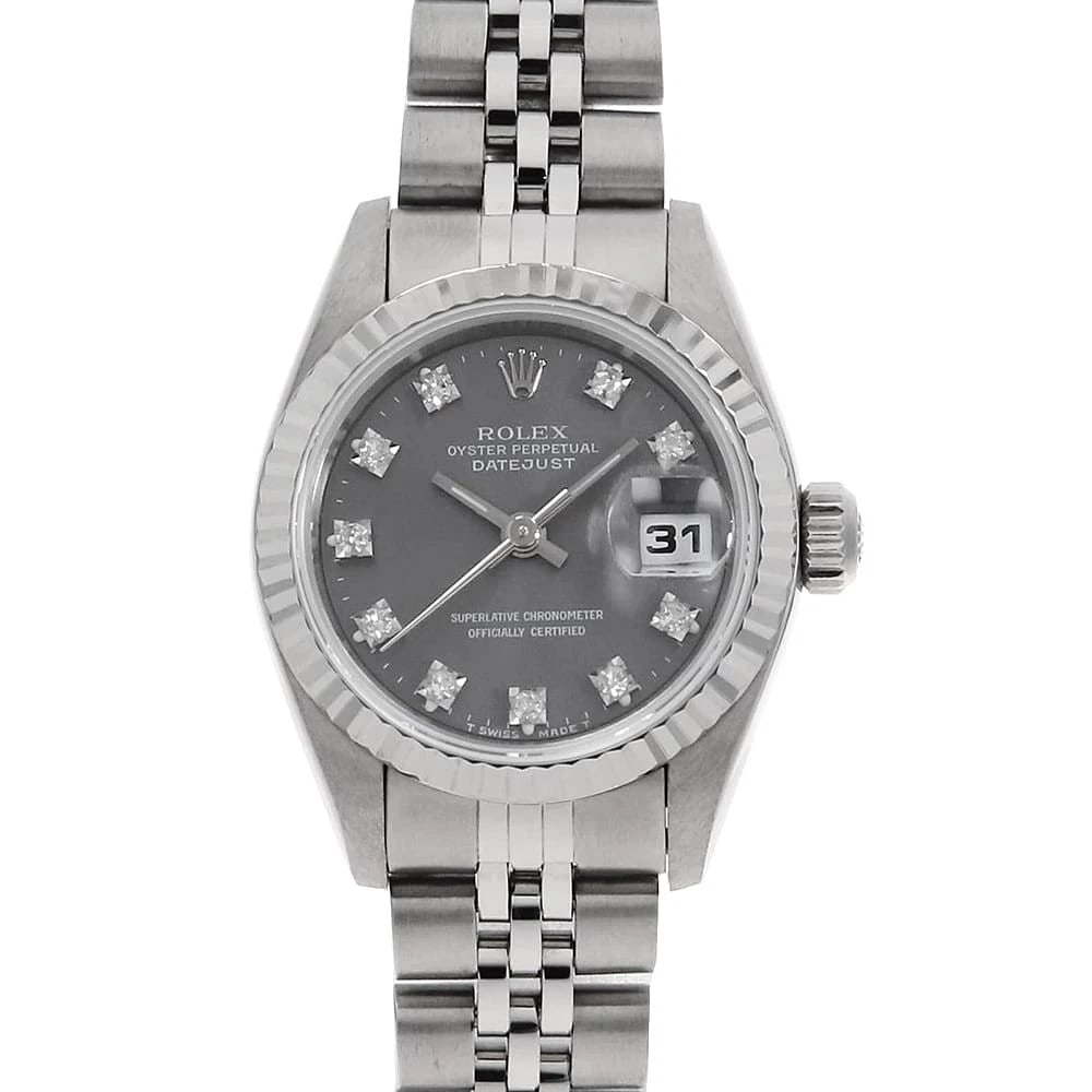 ROLEX DATEJUST DIAMOND GRAY WATCH: ROLEX Datejust Diamond gray Watch Brand: ROLEX Type: Wrist watch Material: Band Material Stainless Steel, Case Material Stainless Steel/White gold Color: Dial Colour Gray Size: Case:W26mm
