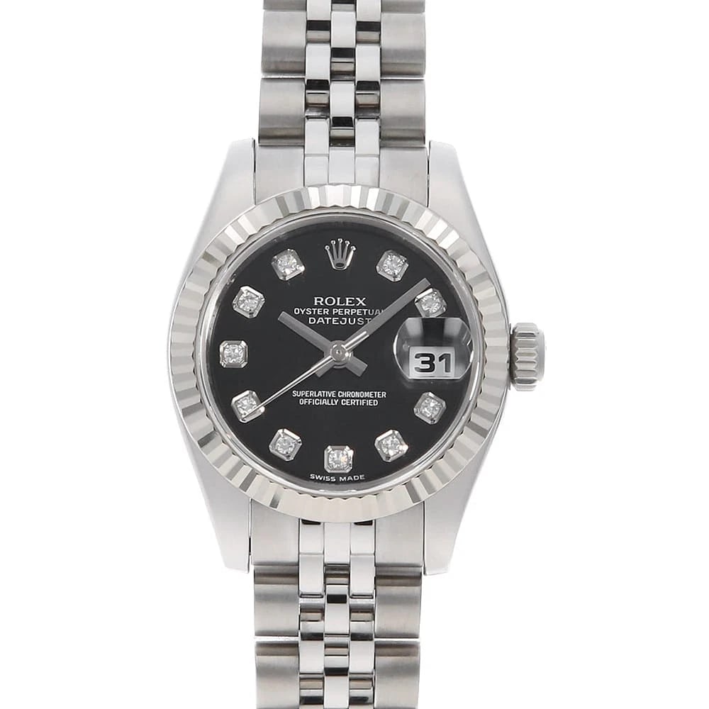 ROLEX DATEJUST DIAMOND BLACK WATCH: ROLEX Datejust Diamond black Watch Brand: ROLEX Type: Wrist watch Material: Band Material Stainless Steel, Case Material Stainless Steel/White gold Color: Dial Colour Black Size: Case:W26mm Circumfere