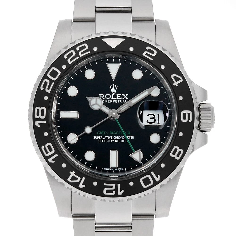 ROLEX GMT MASTER BLACK WATCH: ROLEX GMT Master black Watch Brand: ROLEX Type: Wrist watch Material: Band Material Stainless Steel, Case Material Stainless Steel Color: Dial Colour Black Size: Case:W40mm Circumference of Wrist:18.5