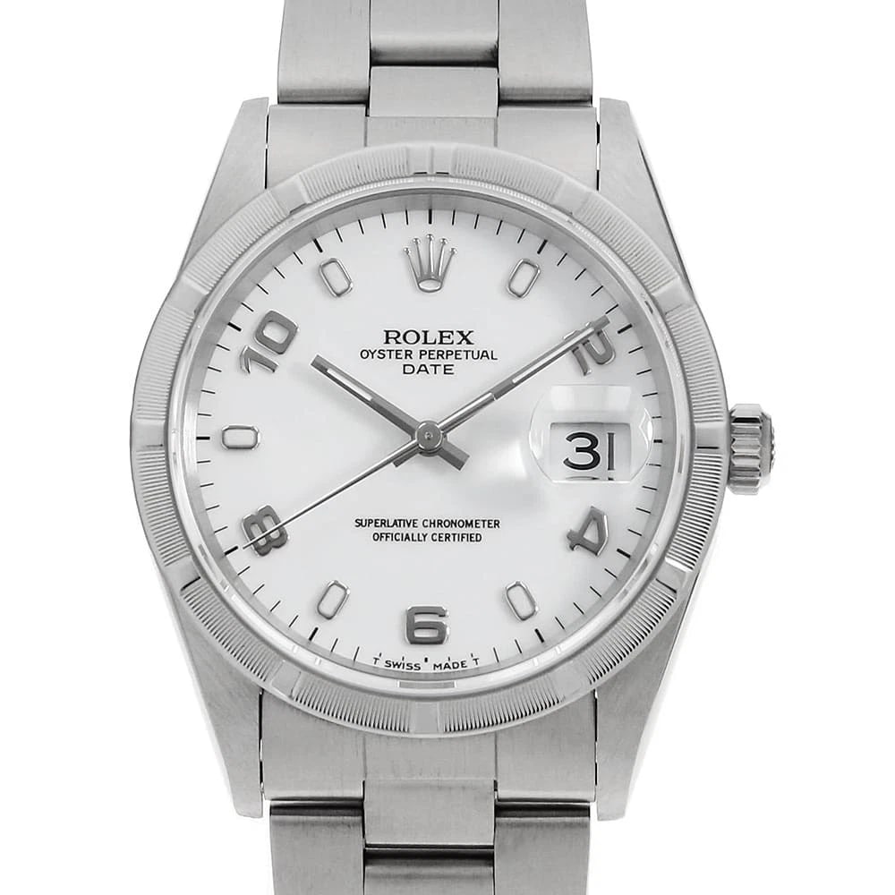 ROLEX OYSTER PERPETUAL DATE WHITE FLYING WATCH: ROLEX Oyster Perpetual Date white flying Watch Brand: ROLEX Type: Wrist watch Material: Band Material Stainless Steel, Case Material Stainless Steel Color: Dial Colour White Size: Case:W34mm Circumfer