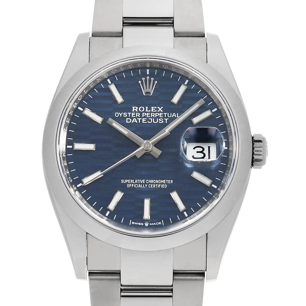ROLEX DATEJUST BLUE FLUTED ROW OYSTER BRACELET WATCH: ROLEX DATEJUST blue Fluted Row Oyster Bracelet Watch Brand: ROLEX Type: Wrist watch Material: Band Material Stainless Steel, Case Material Stainless Steel Color: Dial Colour Blue Size: Case:W36mm Circ